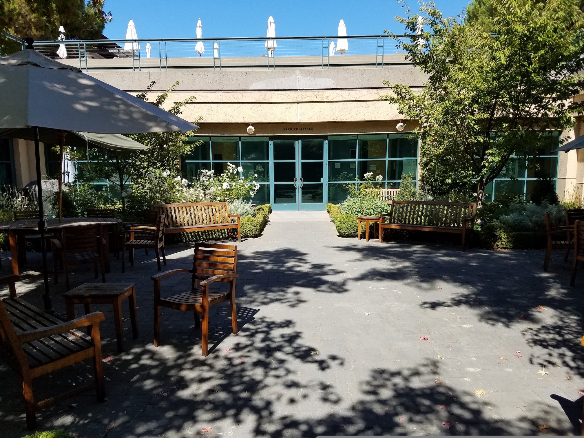 A large courtyard with trees.