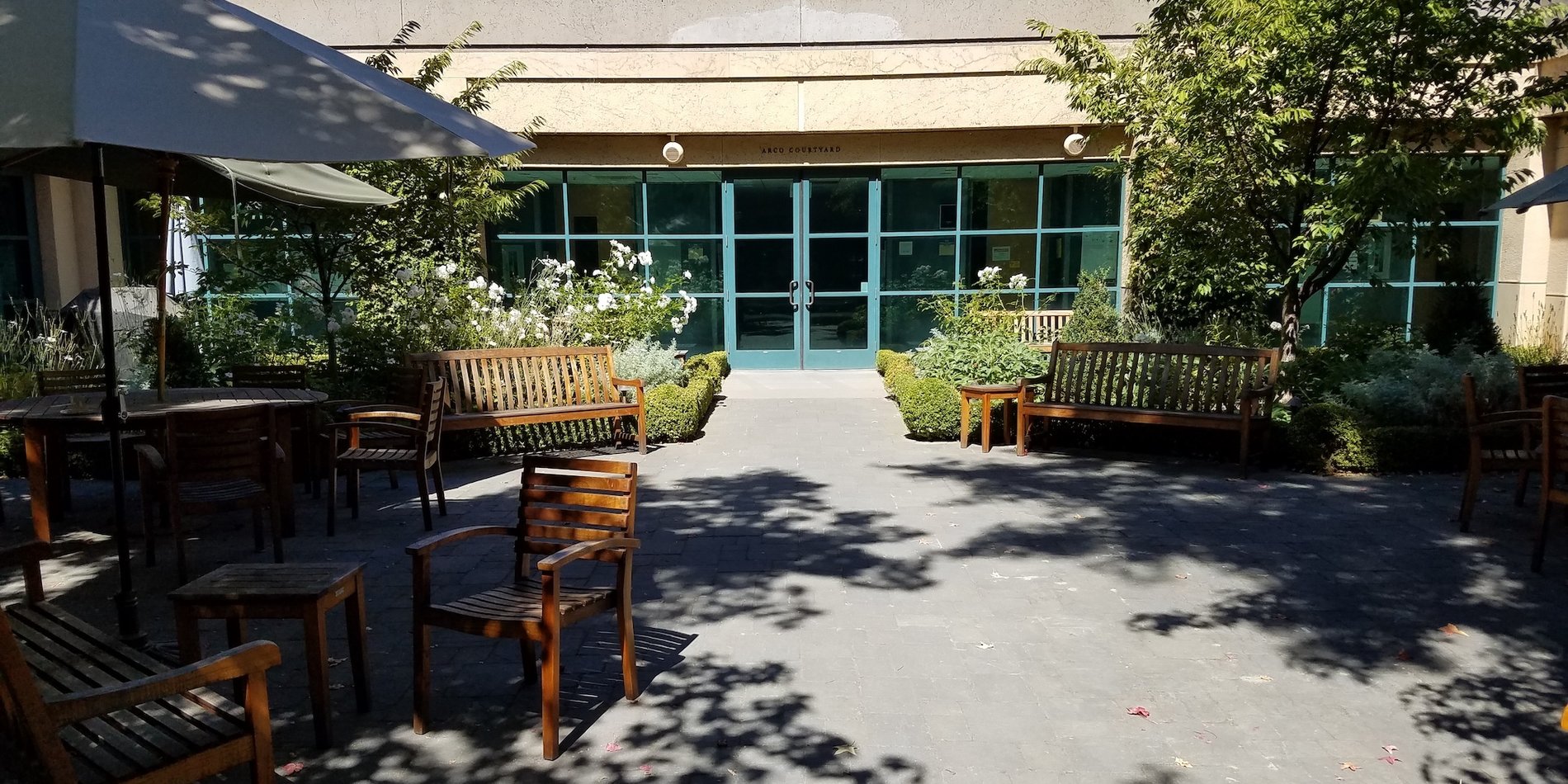 A large courtyard with trees.
